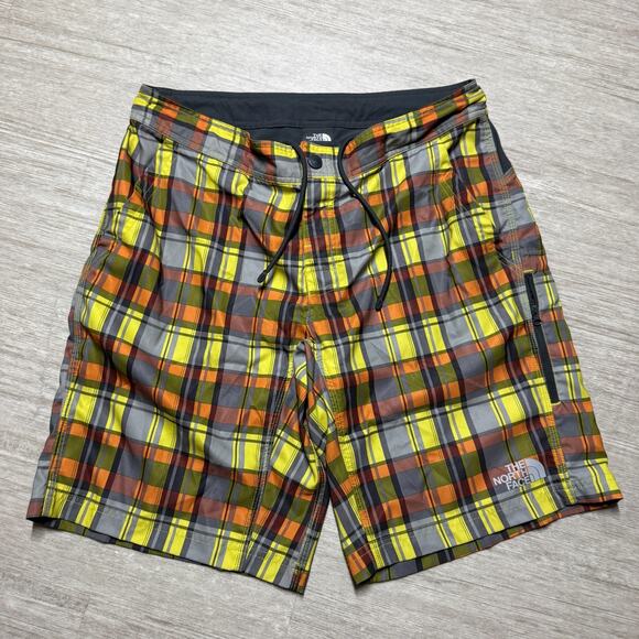 The North Face Mens Board Swim Surf Shorts Mens 34 Plaid Yellow Outdoor Unlined - Picture 1 of 9